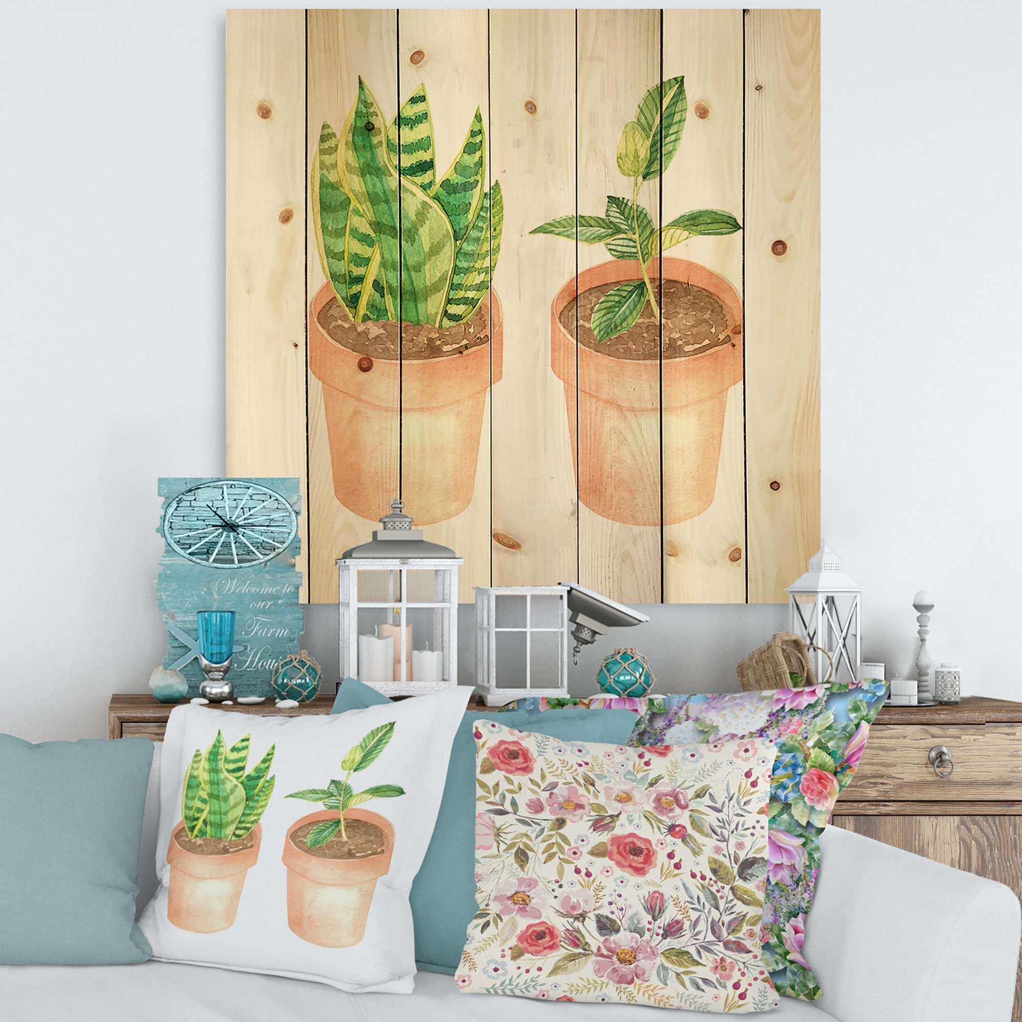 Designart 'Ficus and Sansevieria Indoor Green Home House Plants' Traditional Print on Natural Pine Wood