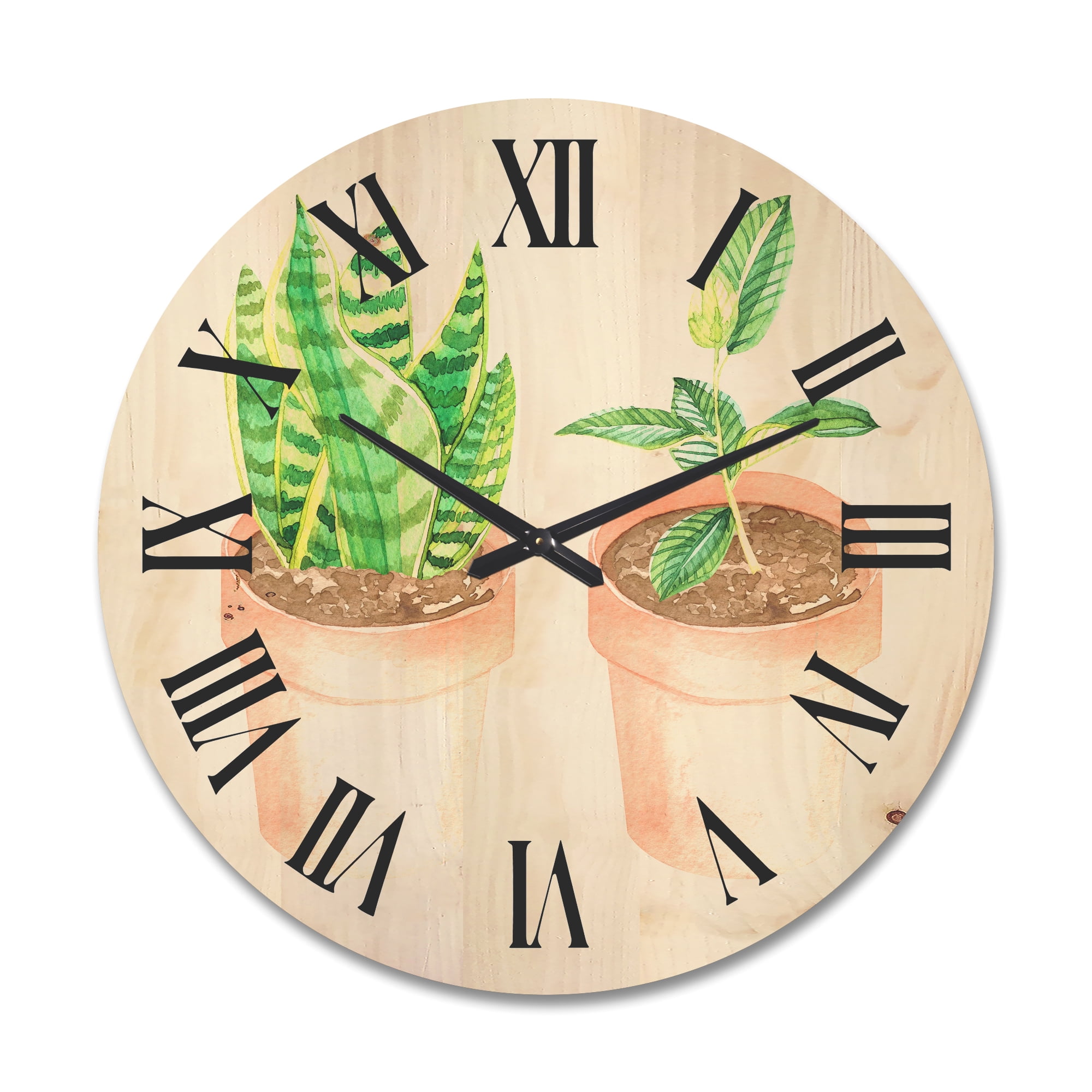 Designart 'Ficus and Sansevieria Indoor Green Home House Plants' Traditional Wood Wall Clock