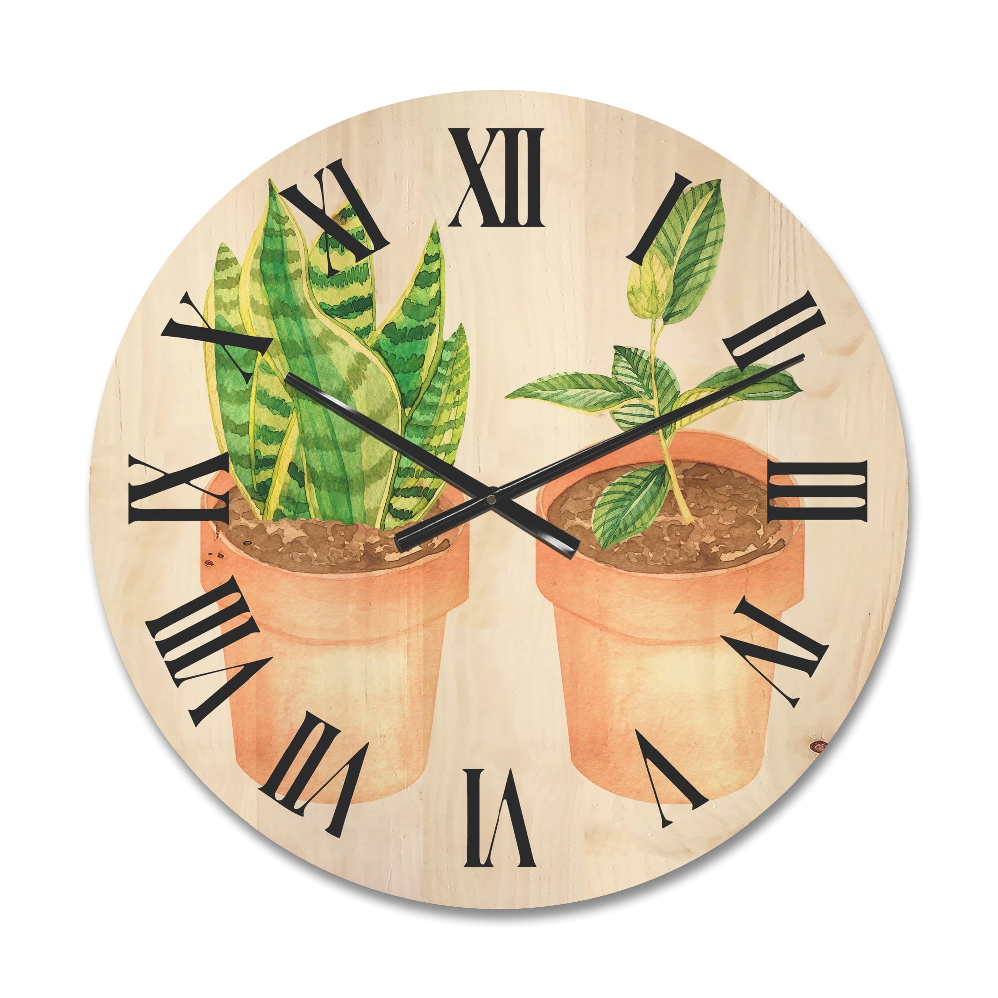 Designart 'Ficus and Sansevieria Indoor Green Home House Plants' Traditional Wood Wall Clock