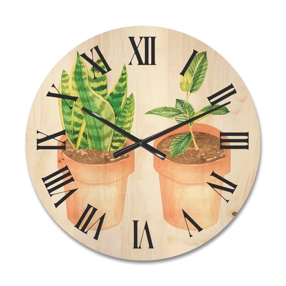 Designart 'Ficus and Sansevieria Indoor Green Home House Plants' Traditional Wood Wall Clock