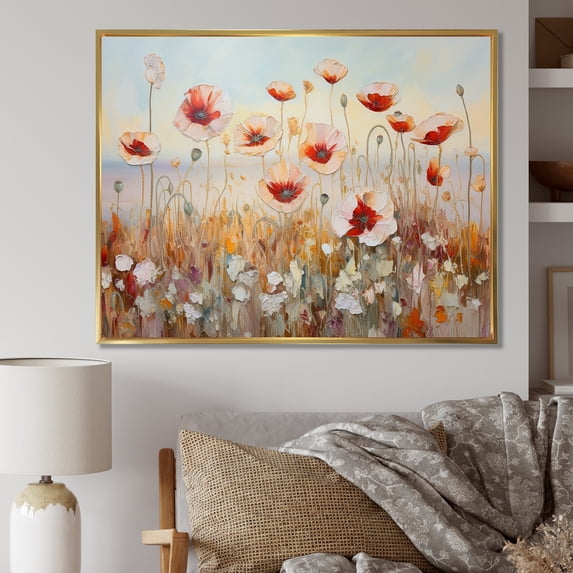 Designart "Field Abloom With Red And Golden Poppies" Poppies Floater Framed Canvas Art Print