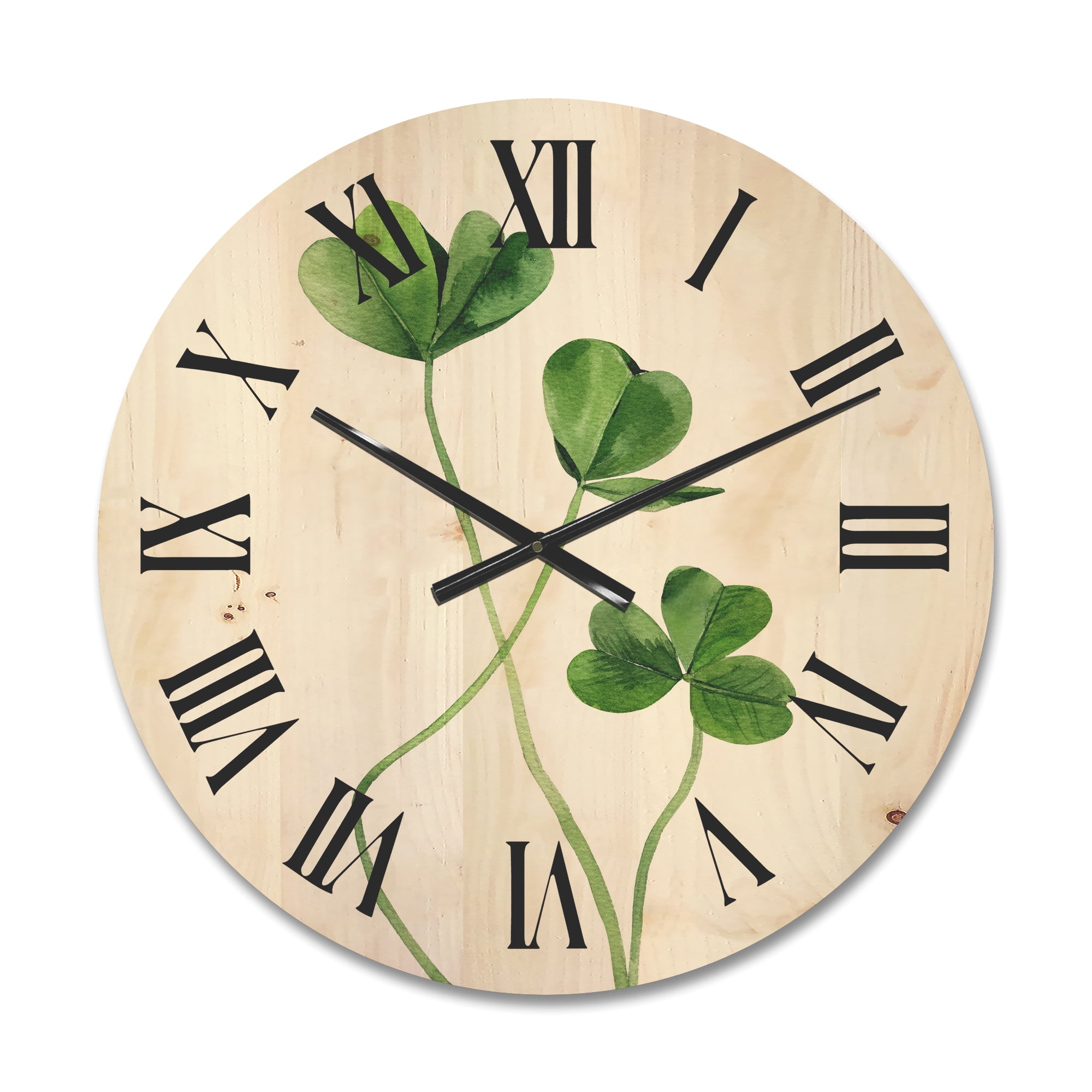 Designart 'Field Green Plant Detail Clover' Farmhouse Wood Wall Clock ...