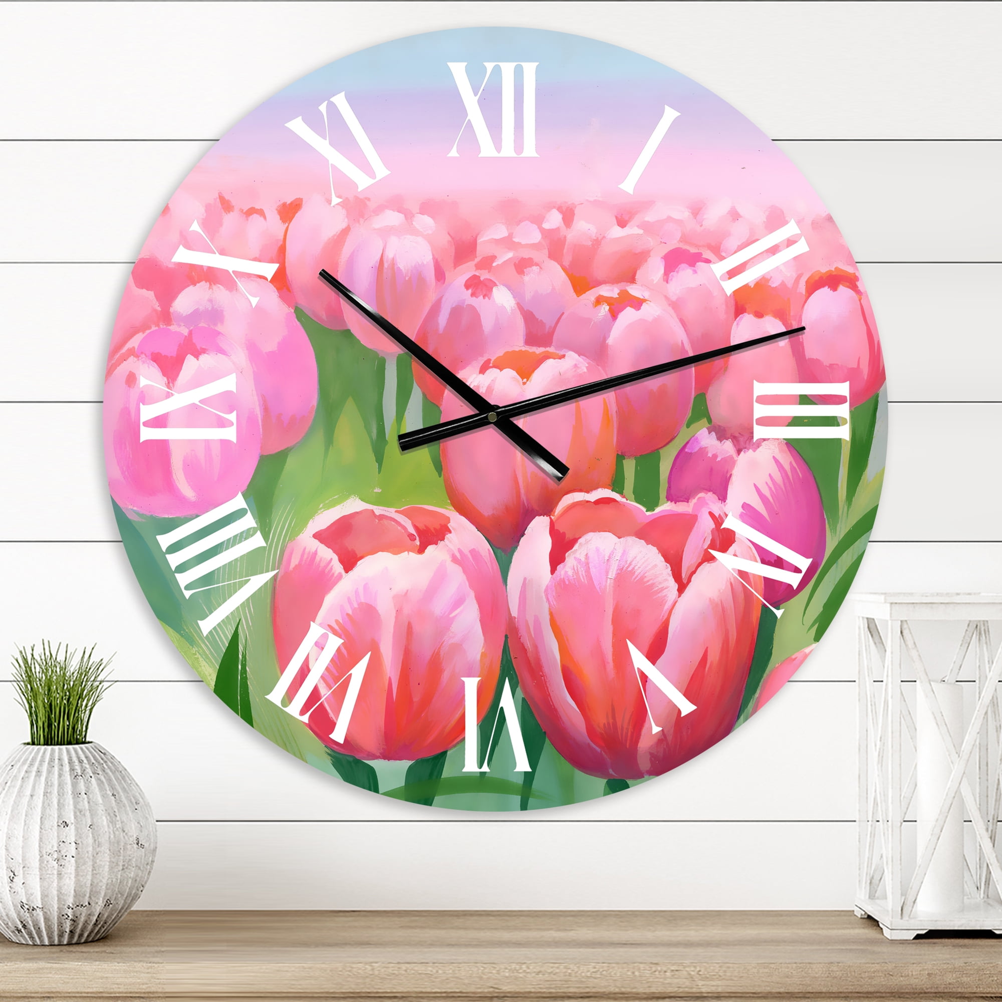 Designart 'Field Of Pink Tulips' Traditional Wall Clock