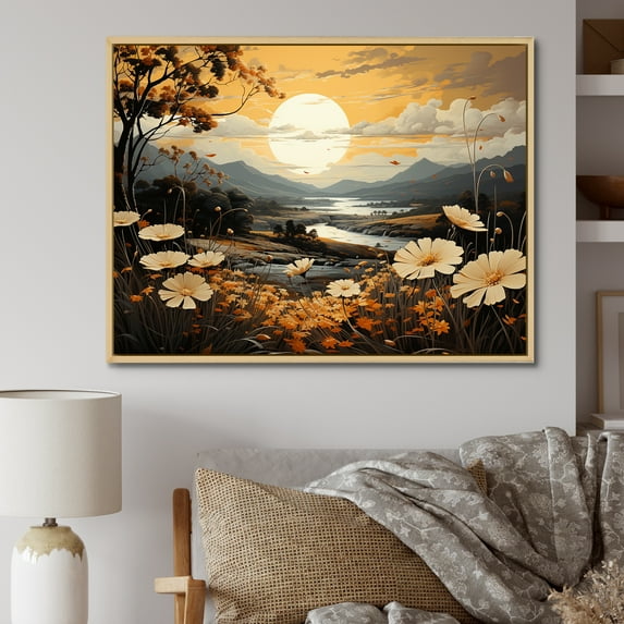 Designart "Fields Adorned In Golden Blooms I" Flower Floater Framed Canvas Prints
