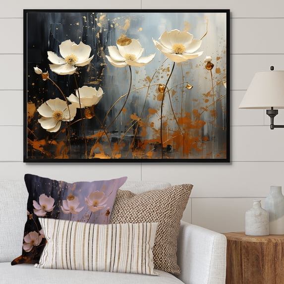 Designart "Fields Adorned In Golden Blooms II" Flower Floater Framed Wall Decor