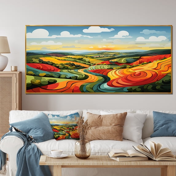 Designart "Fields of Serenity Minimalist Multicolor I" Extra Large Landscapes Framed Wall Art - Traditional Green Meadow Living Room Framed Canvas Art