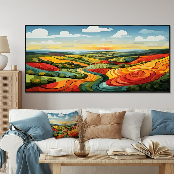 Designart "Fields of Serenity Minimalist Multicolor I" Extra Large Landscapes Framed Wall Art - Traditional Green Meadow Living Room Framed Canvas Art