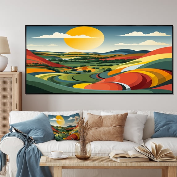 Designart "Fields of Serenity Minimalist Multicolor II" Oversized Landscapes Framed Wall Art - Traditional Green Meadow Bedroom Framed Canvas Wall Art