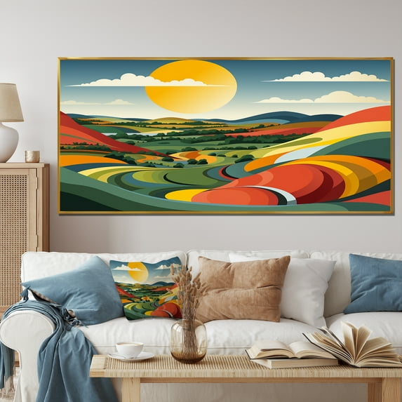 Designart "Fields of Serenity Minimalist Multicolor II" Oversized Landscapes Framed Wall Art - Traditional Green Meadow Bedroom Framed Canvas Wall Art