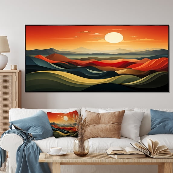 Designart "Fields of Serenity Minimalist Multicolor III" Extra Large Landscapes Framed Wall Art - Traditional Red Meadow Entryway Framed Wall Art Print