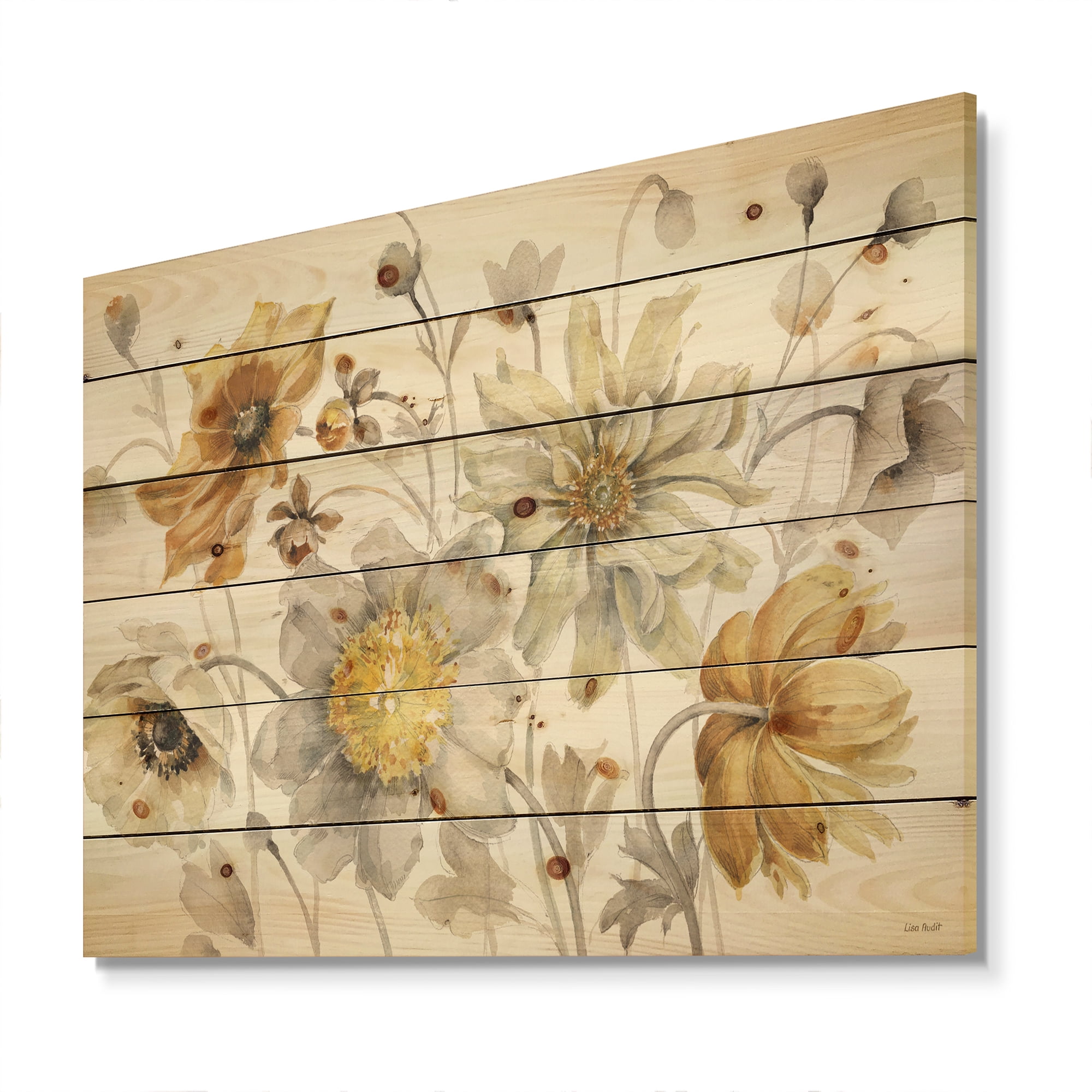 Designart 'Fields of Gold Flower Watercolor VII' Traditional Print on Natural Pine Wood