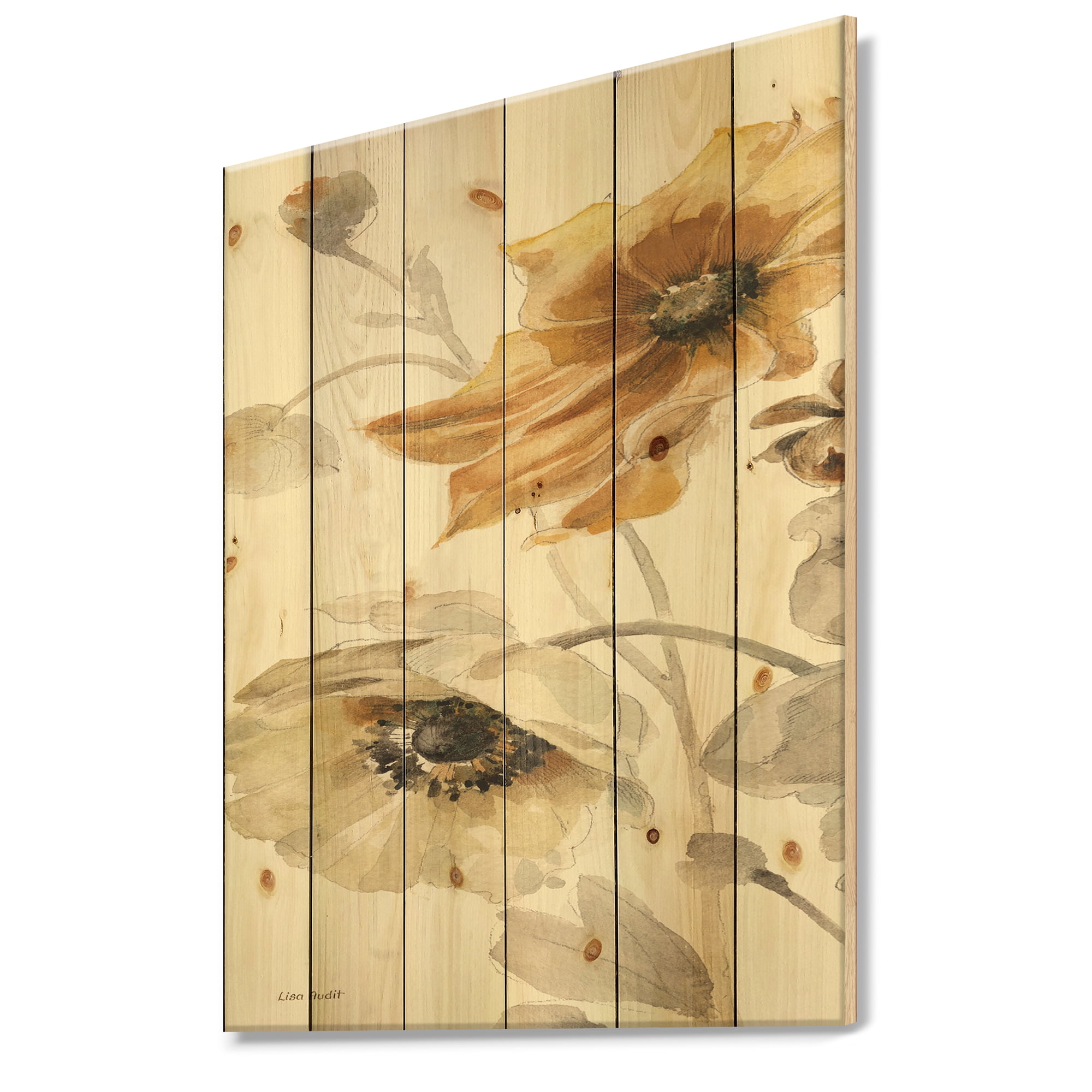 Designart 'Fields of Gold Watercolor Flower II' Cabin & Lodge Print on Natural Pine Wood