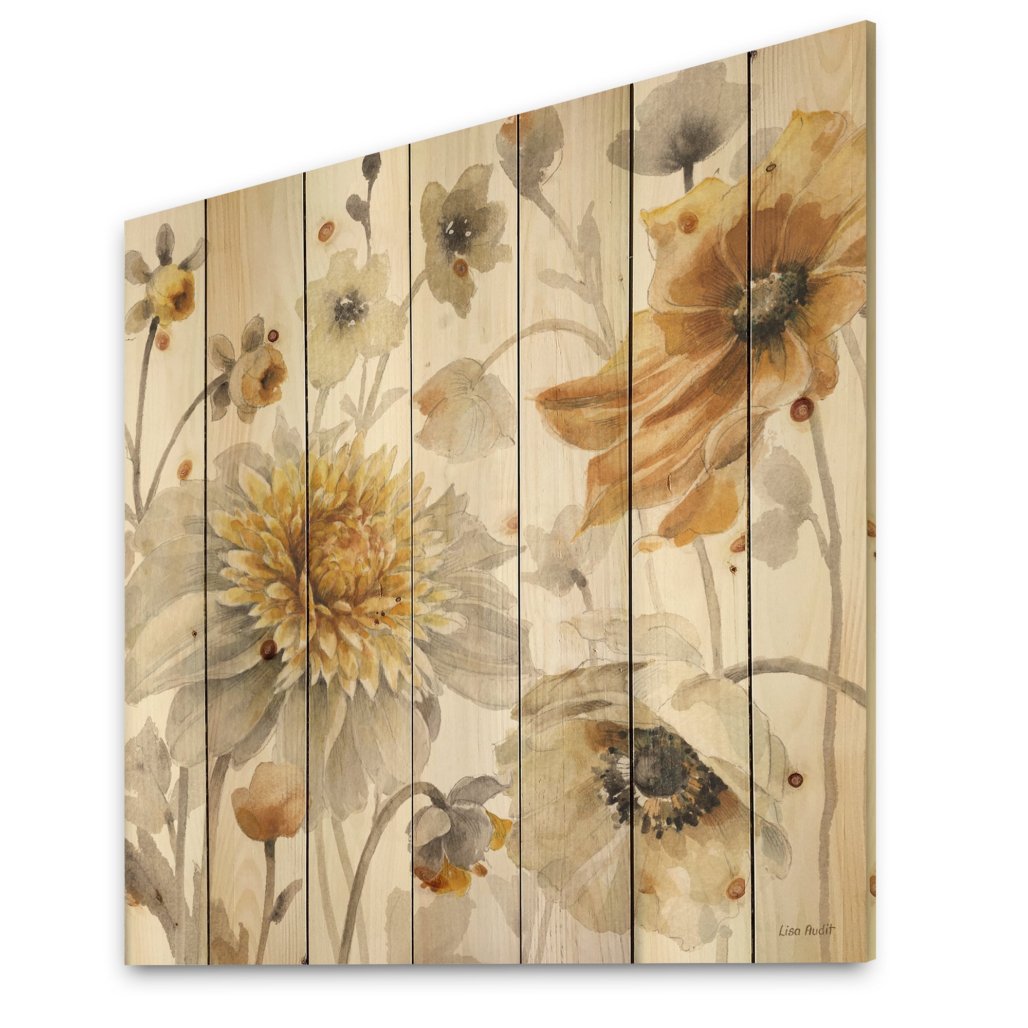 Designart 'Fields of Gold Watercolor Flower VI' Traditional Print on Natural Pine Wood