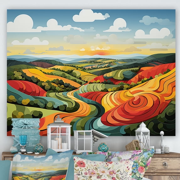 Designart "Fields of Serenity Minimalist Multicolor I" Oversized Landscapes Wall Art - Traditional Green Meadow Hallway Wall Art Decor