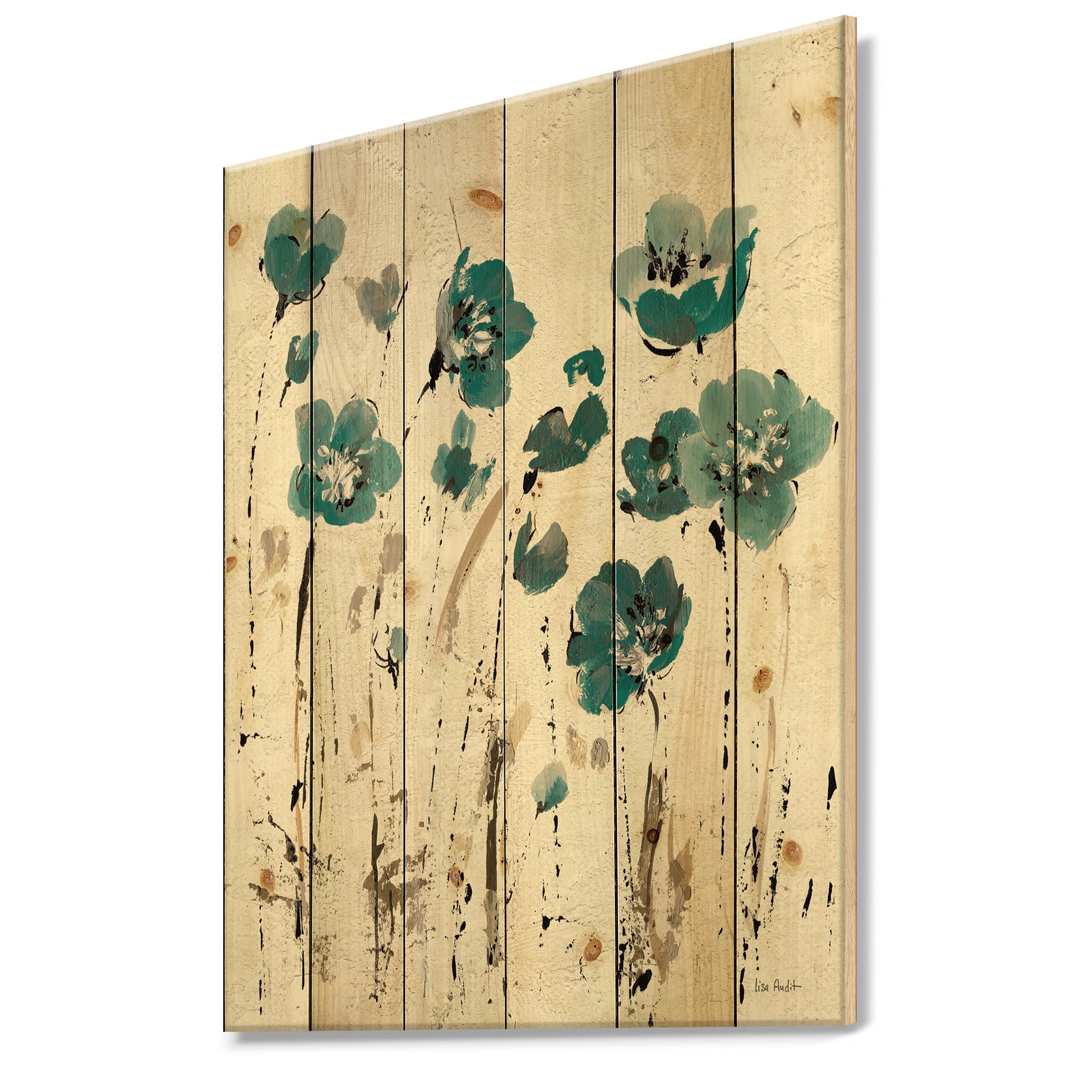 Designart 'Fields of Turquoise Flower Watercolor II' Traditional Print on Natural Pine Wood
