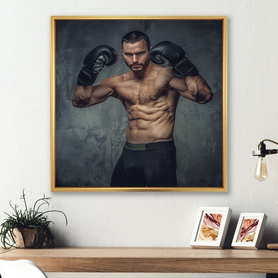 Designart "Fierce Bare-Chested Boxer" Boxing Floater Framed Canvas Prints