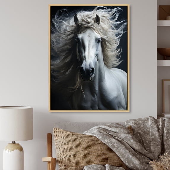 Designart "Fierce Intensity White Horse" Animals Floater Framed Canvas Print