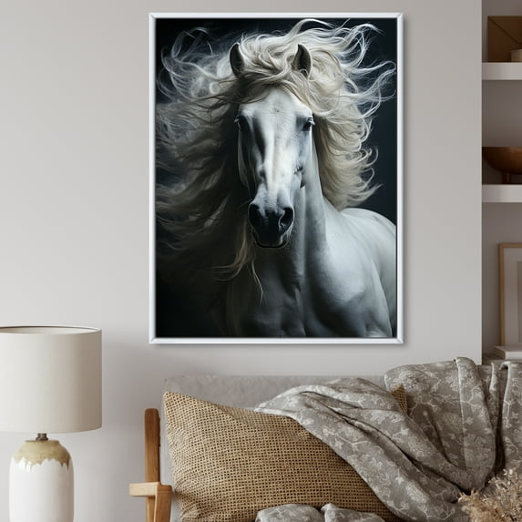 Designart "Fierce Intensity White Horse" Animals Floater Framed Canvas Print