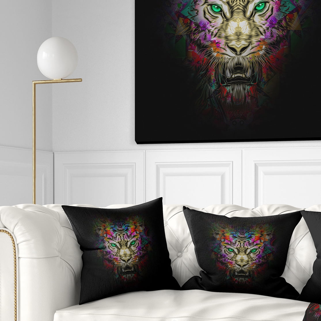Designart Fierce Tiger Head on Black - Animal Throw Pillow - 18x18