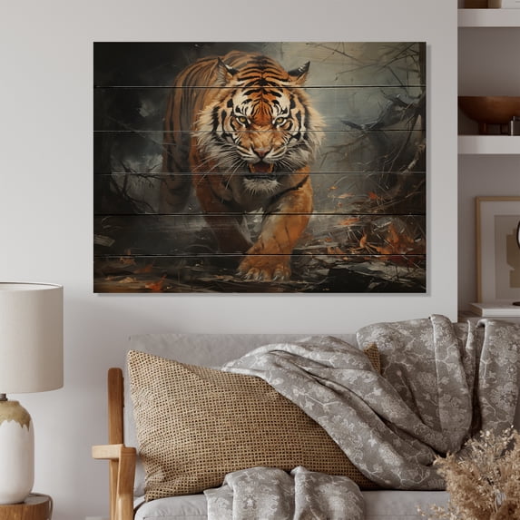 Designart "Fierce Tiger Portrait In Shades of Brown III" Animals Print on Natural Pine Wood