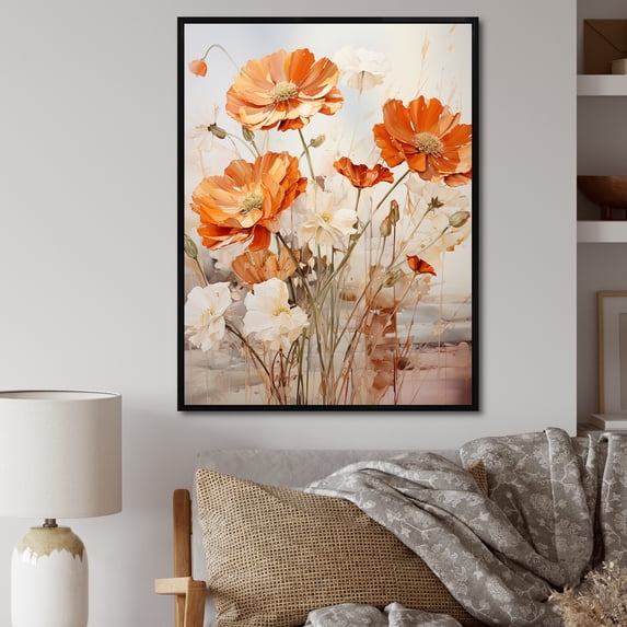 Designart "Fiery Blooms in Orange and Beige I" Floral Framed Wall Art - Traditional Orange Marigold Entryway Framed Wall Art Print