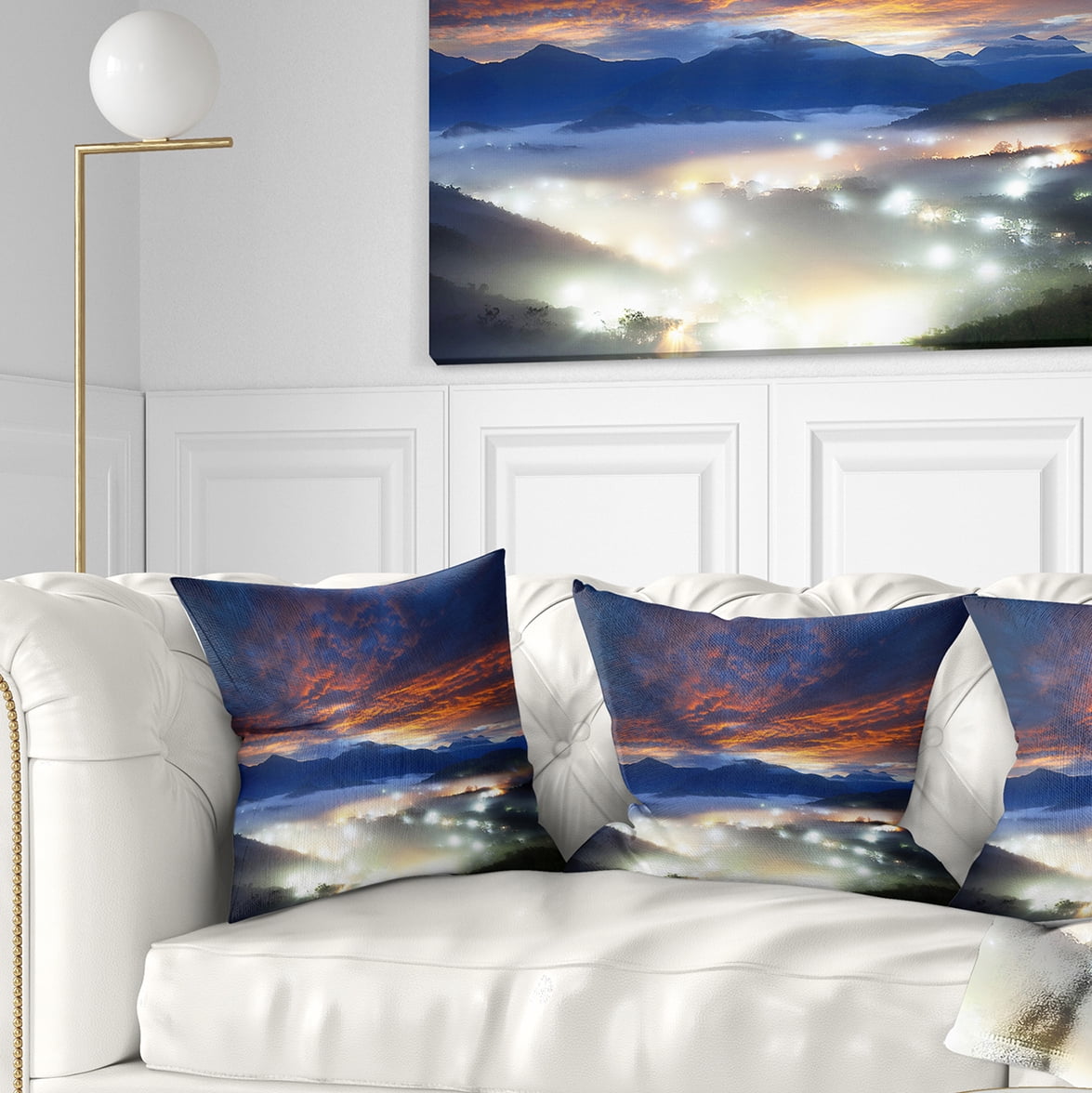Designart Fiery Clouds and Lit up Villages - Landscape Photo Throw Pillow - 16x16