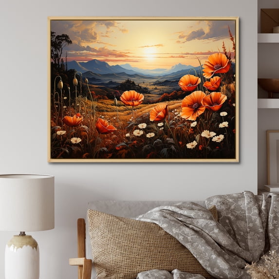 Designart "Fiery Serenade In Crimson Blooms" Flower Floater Framed Canvas Prints