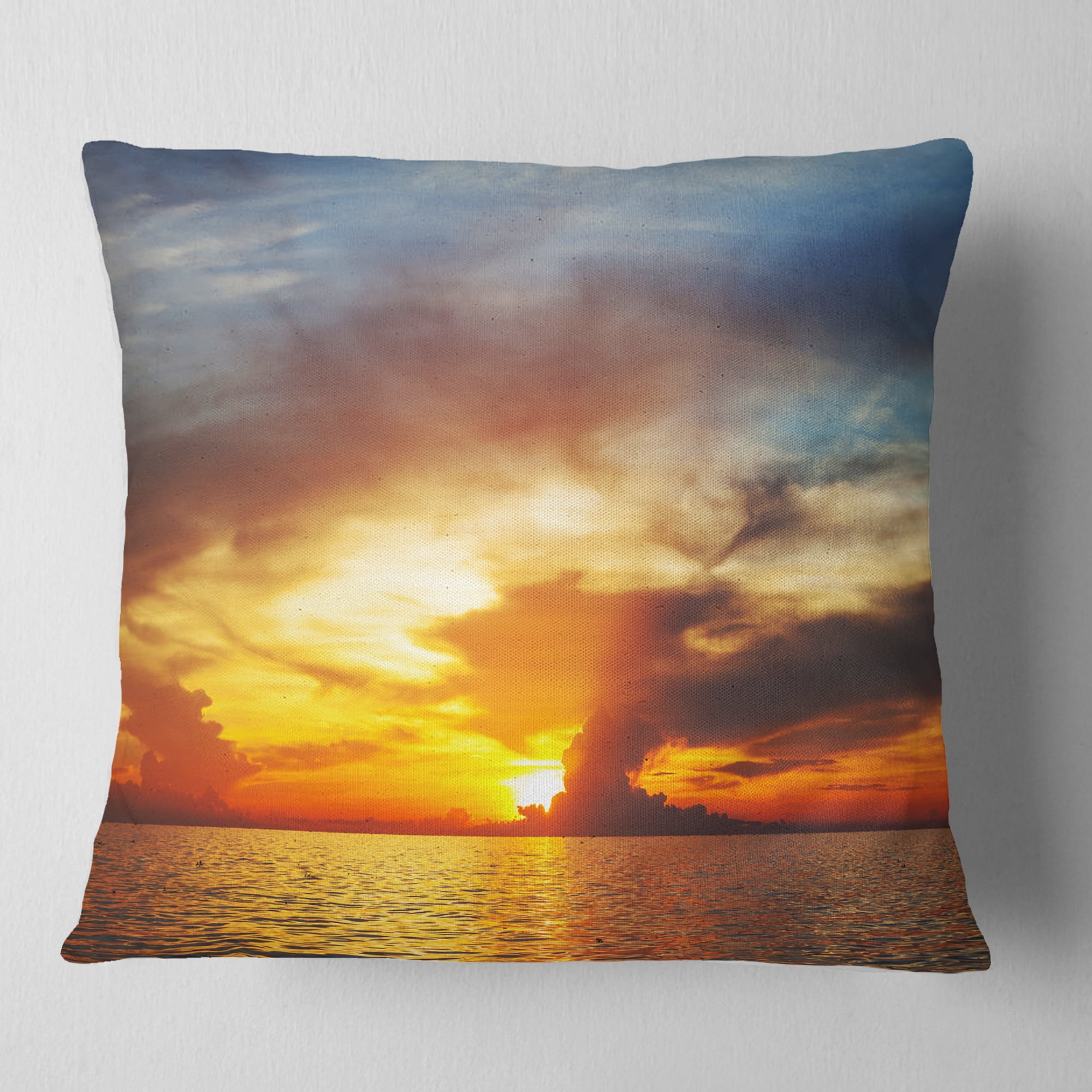 Designart Fiery Sky at Sunset Over Sea - Modern Seashore Throw Pillow - 16x16