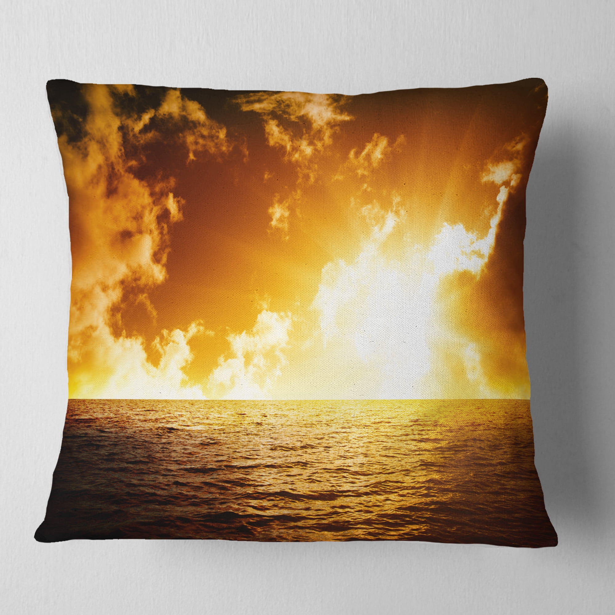 Designart Fiery Sunlight in Beach during Sunset - Seascape Throw Pillow - 16x16