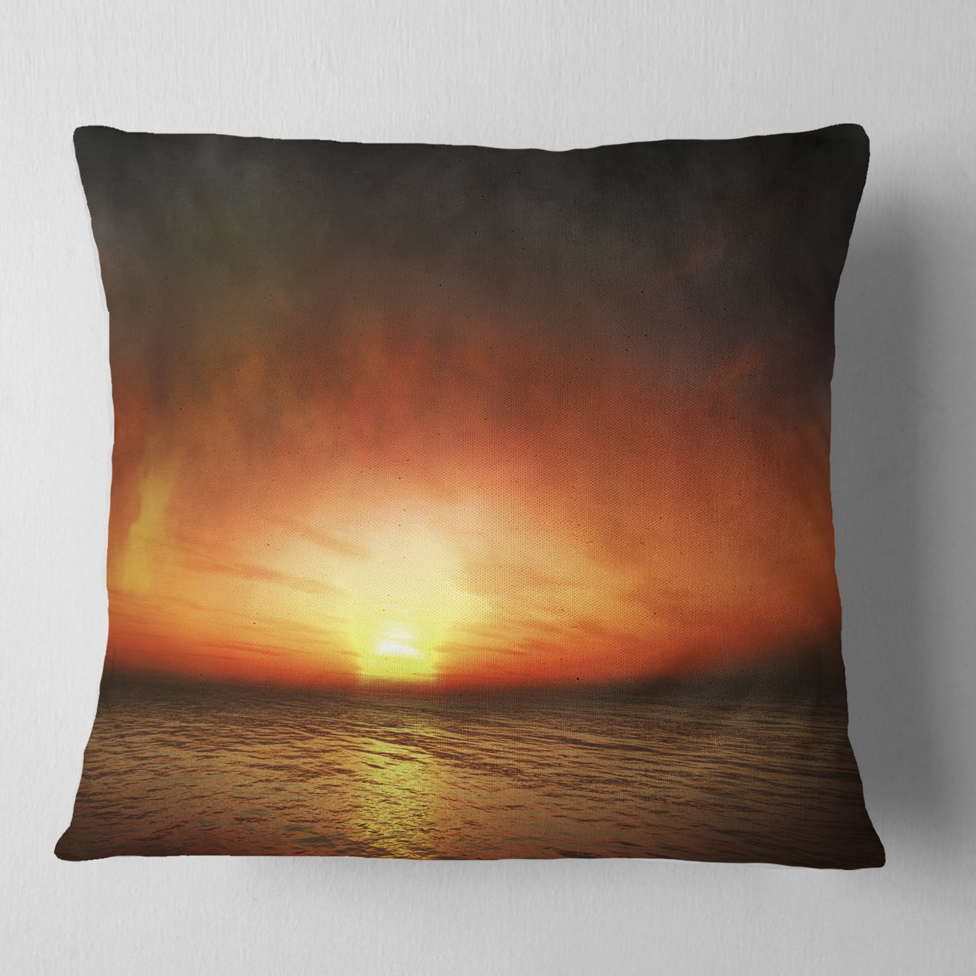 Designart Fiery Sunset Beach under Cloudy Sky - Modern Seashore Throw Pillow - 16x16