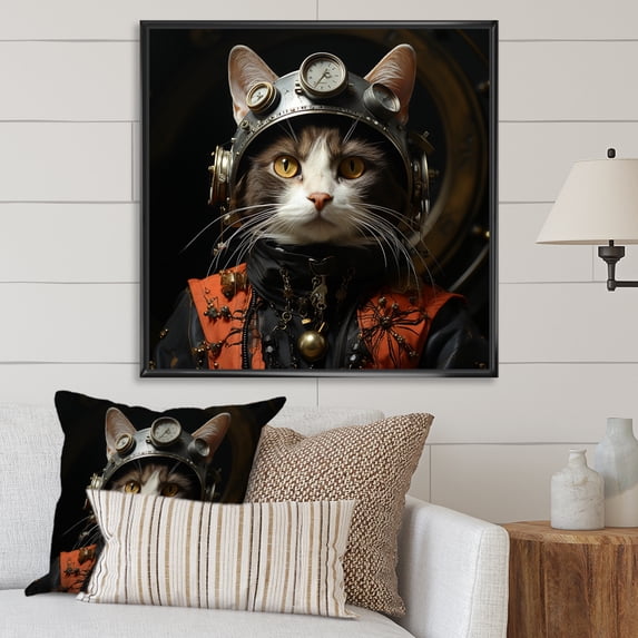 Designart "Fighter Jet Cat Illustration" Animals Framed Wall Art - Traditional Orange Cat Hallway Framed Wall Art Decor