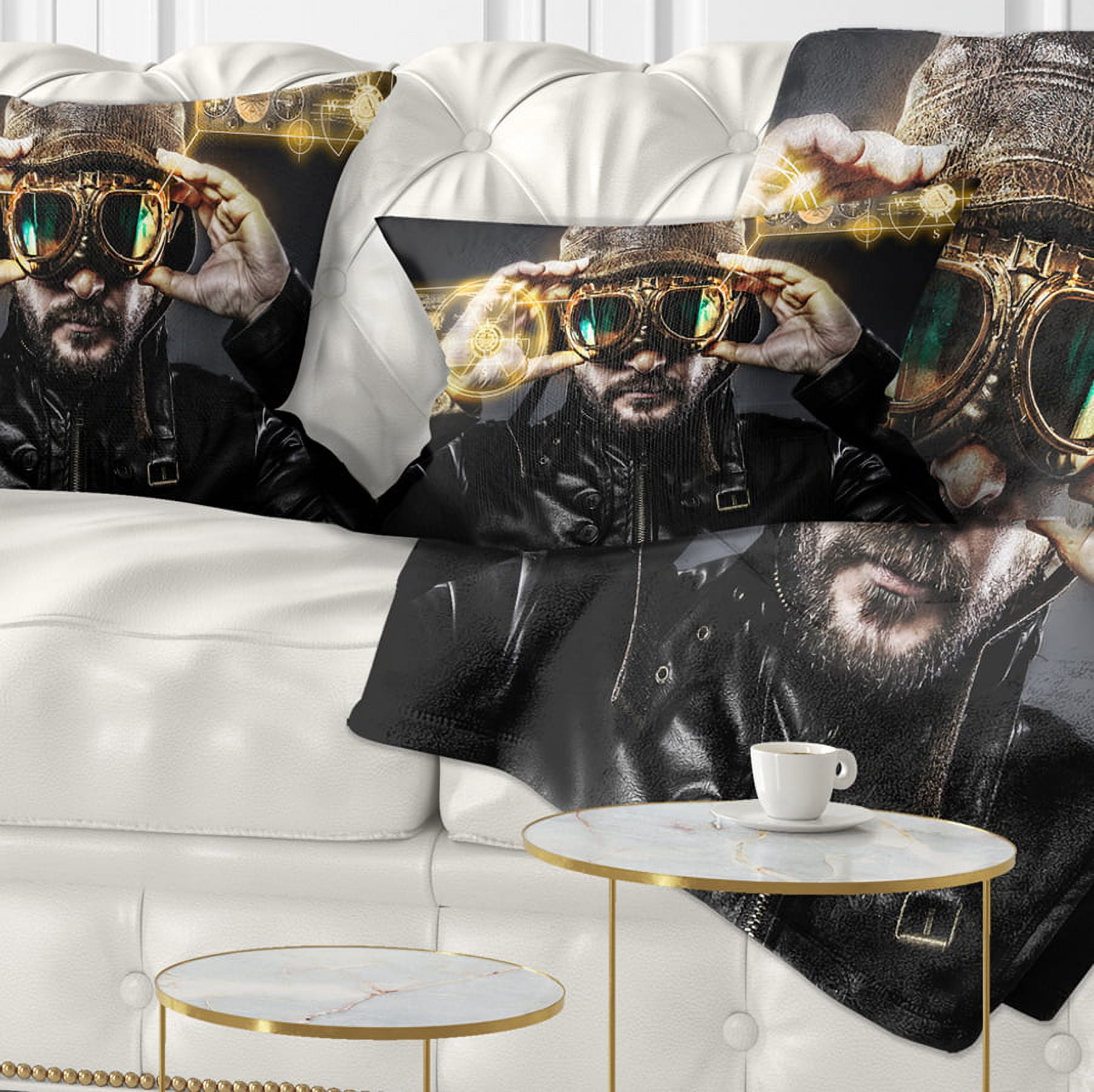 Designart Fighter Pilot with Hat and Glasses - Abstract Portrait Throw Pillow - 12x20