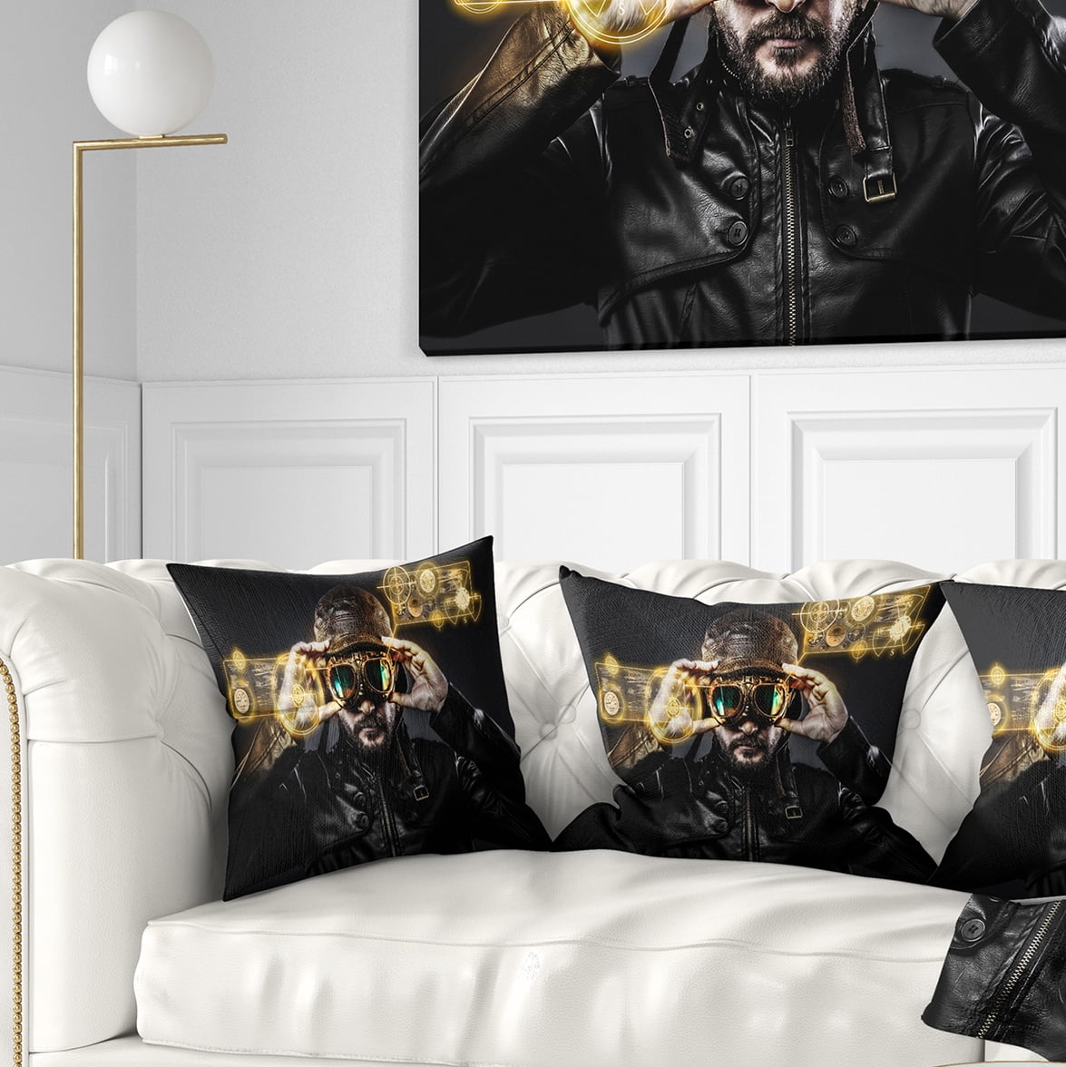 Designart Fighter Pilot with Hat and Glasses - Abstract Portrait Throw Pillow - 16x16