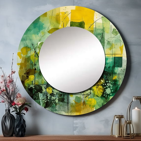 Designart "Finding Balance in Green" Abstract Painting Round Mirror Wall Decor Modern - Large Green Round Bathroom Mirror - Round Mirror - 23" x 23"