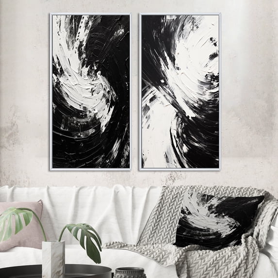Designart "Finding Equilibrium Minimal Black and White Art" Abstract Painting Framed Wall Art Set Of 2 - Modern Black Framed Canvas Set For Living Room Decor