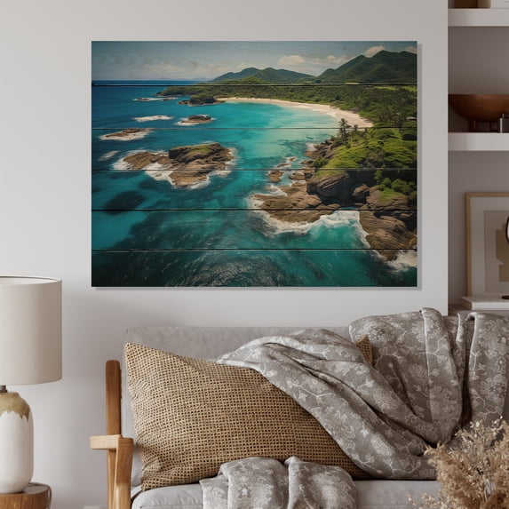 Designart "Finding Paradise in the Caribbean III" Landscapes Print on Natural Pine Wood
