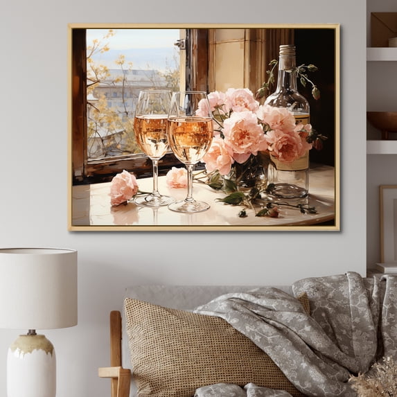 Designart "Fine Wine Delight Peach Moscato" Food & Beverage Framed Wall Art - Traditional Pink Wine Hallway Framed Wall Art Decor