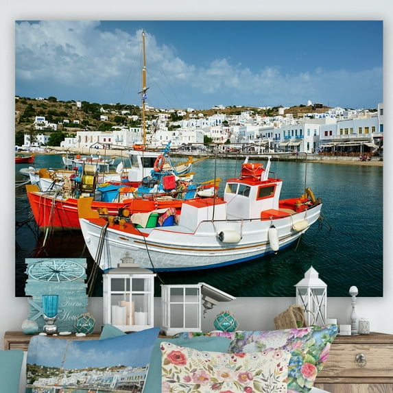 Designart "Finishing Boat At A Greek Port" Hunting & Fishing Wall Art Prints