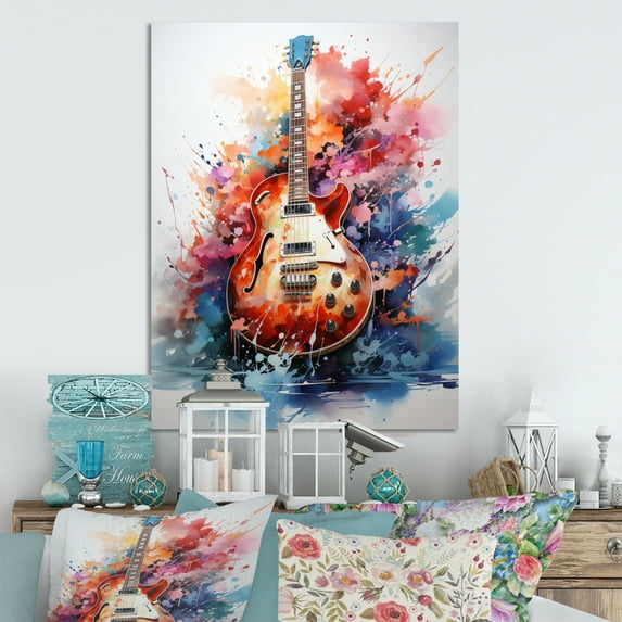 Designart "Fire Guitar Dry Watercolor painting II" Entertainment Metal Wall Art Prints