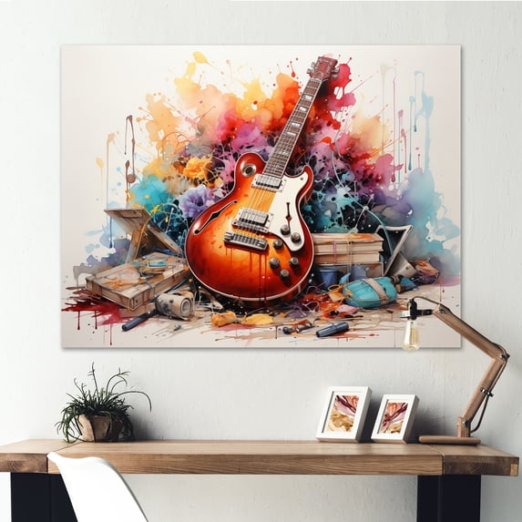 Designart "Fire Guitar Dry Watercolor painting III" Music Wall Art Living Room