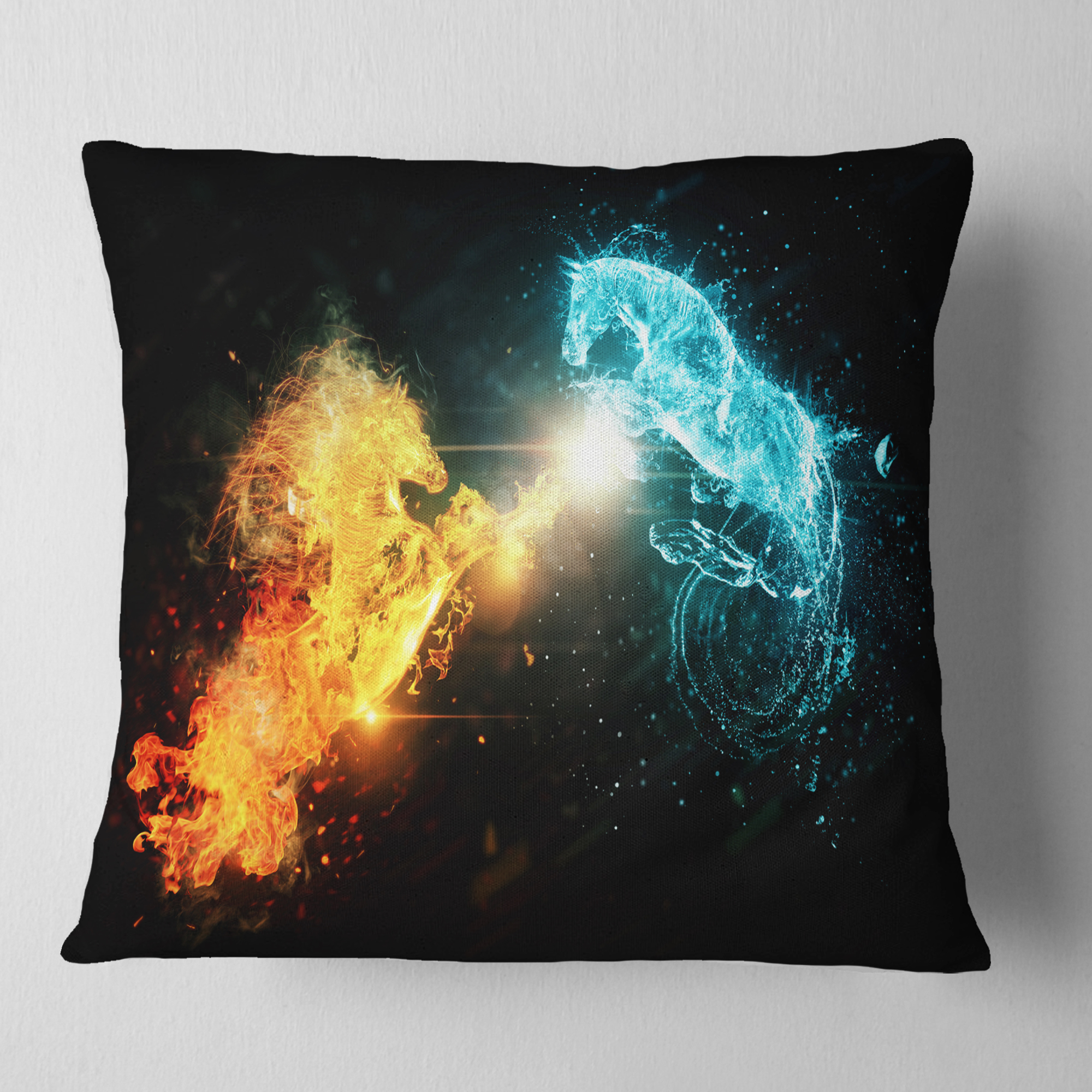Designart Fire and Water Abstract Horses - Animal Throw Pillow - 16x16