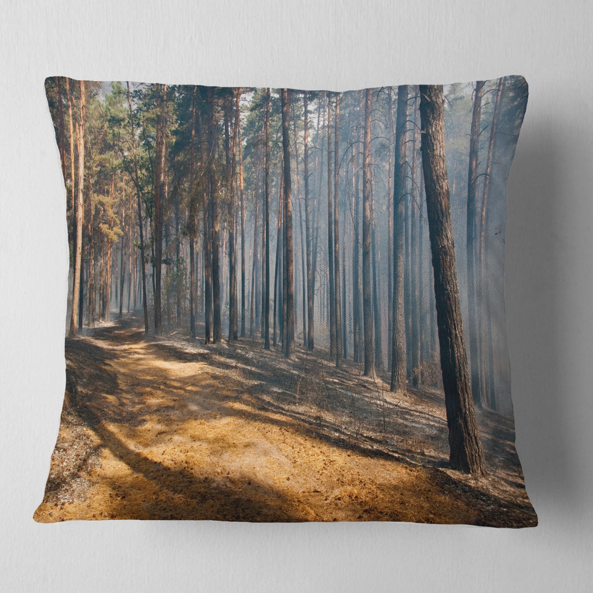 Designart Fire in Forest with Flame and Smoke - Modern Forest Throw Pillow - 18x18