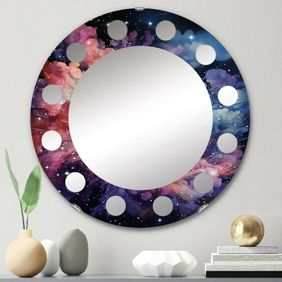 Designart "Fireworks in the Celestial Galaxy I" Galaxies Round Wall Mirror - Fantasy Oval Printed Decorative Oversized Mirror - Multiple Color Options