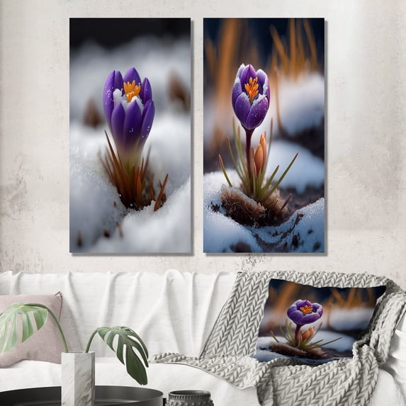 Designart "First Crocus of Spring Blooming I" Floral Crocus Wall Art Set Of 2 - Traditional Purple Canvas Set For Living Room Decor