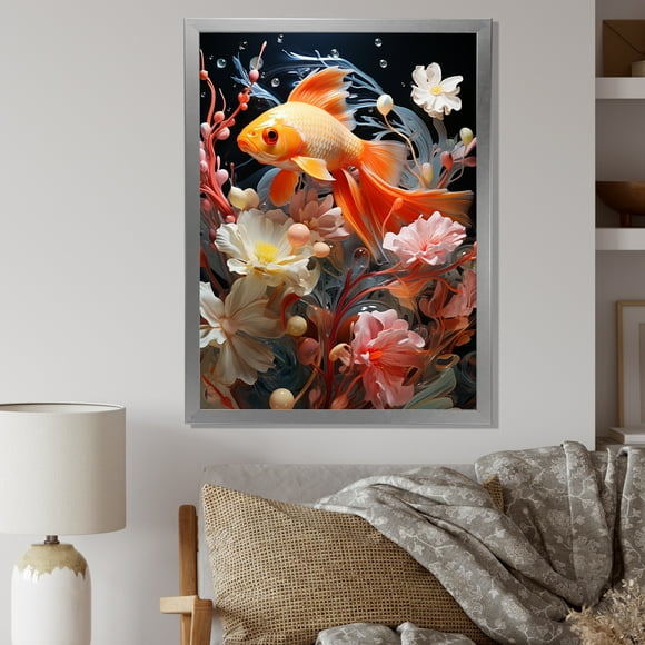 Designart "Fish In Minimalist Aquarium" Aquariums Picture Framed Wall Art Prints