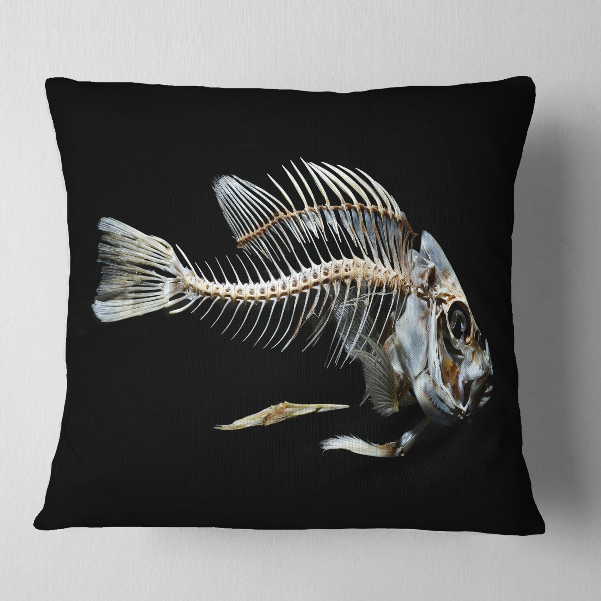Designart Fish Skeleton Bone on Black - Animal Throw Pillow - 18x18