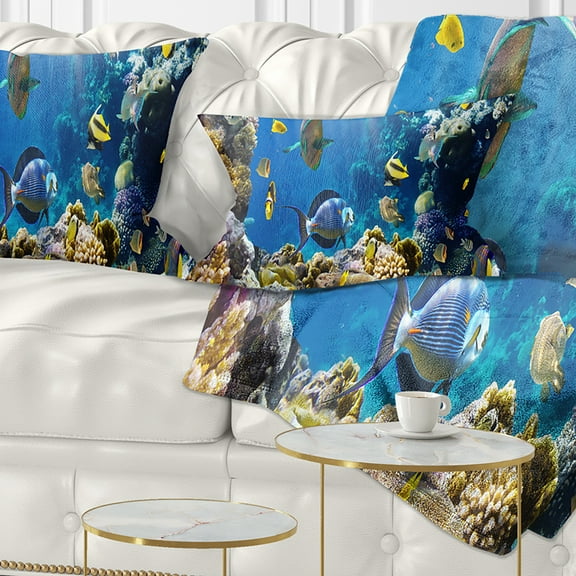 Designart Fish in Coral Reef - Seascape Photography Throw Pillow - 12x20