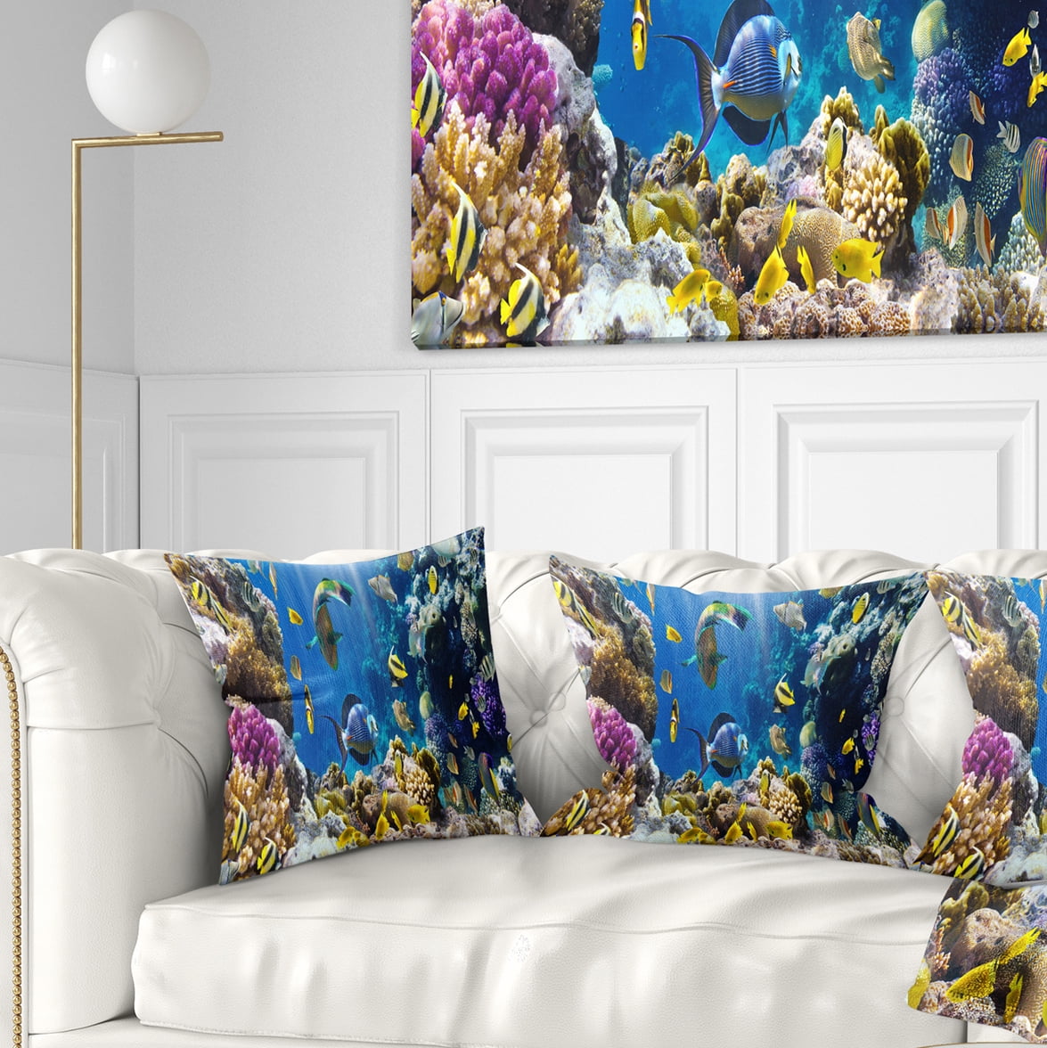 Designart Fish in Coral Reef - Seascape Photography Throw Pillow - 16x16