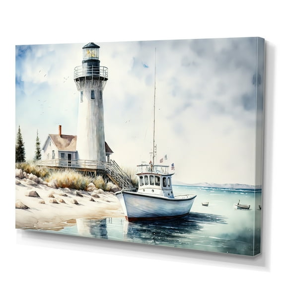 Designart Fishing Boat And Light House I Canvas Wall Art