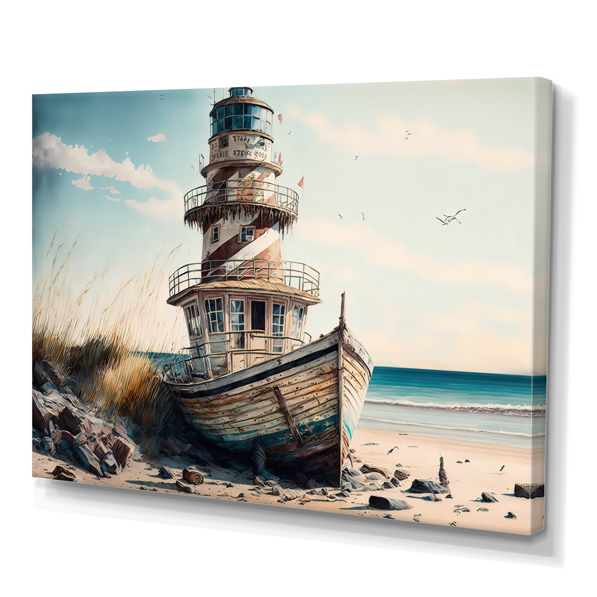 Designart Fishing Boat And Light House II Canvas Wall Art